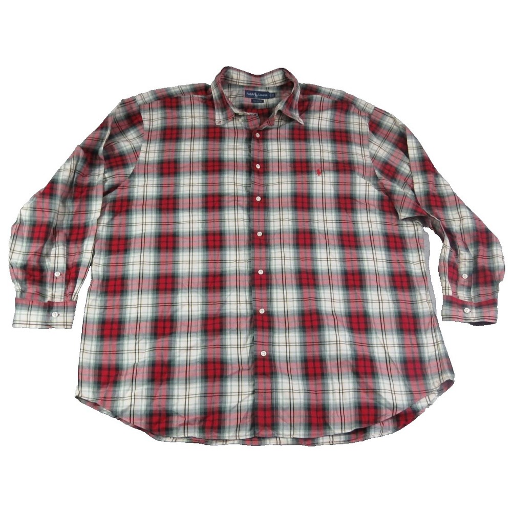 Ralph‎ Lauren Big & Tall 2X Shirt Red Green Plaid Cotton Button Down Long Sleeve